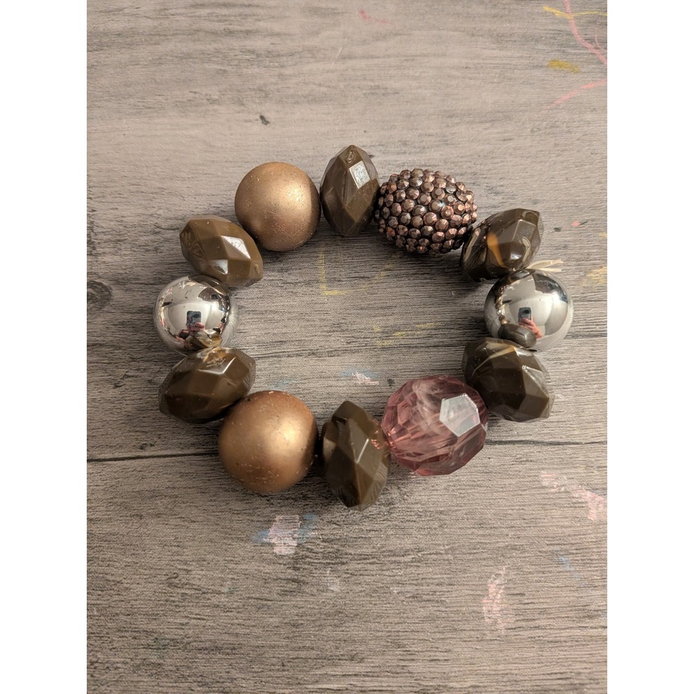 Chunky Mixed Bead Stretch Bracelet Earth Tone Bronze Silver Green Statement